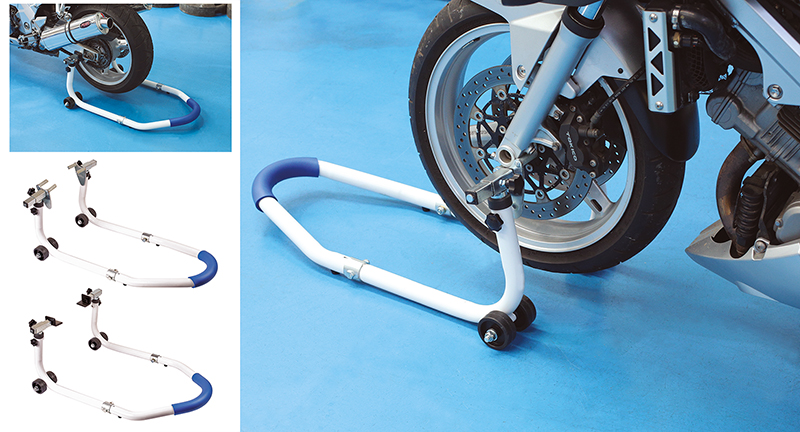 Combination motorcycle stand for front or rear wheels