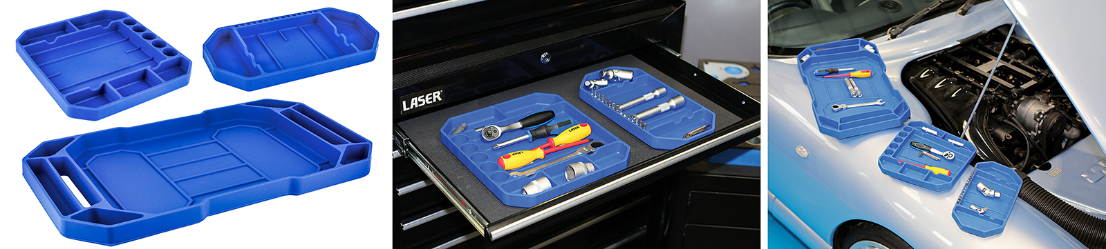 Soft-touch rubber tools trays keep tools handy, prevent marks on paintwork