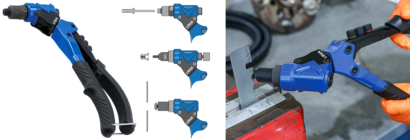 Truly versatile hand-riveter — pop-rivets, nut-rivets and sheet-steel nibbler all in one tool