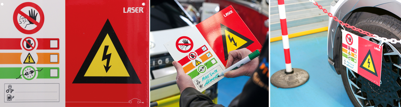 Inform employees and customers of risks concerned with high voltage vehicles with these high-voltage warning signs 