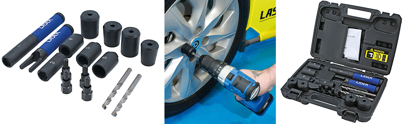 Remove the locking wheel nut or bolt quickly and easily with this removal kit from Laser Tools 