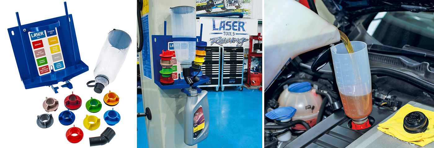 Laser Tools introduces their Magnetic Oil-Drain Storage Station – designed for use with the No-spill Oil Funnel Kit