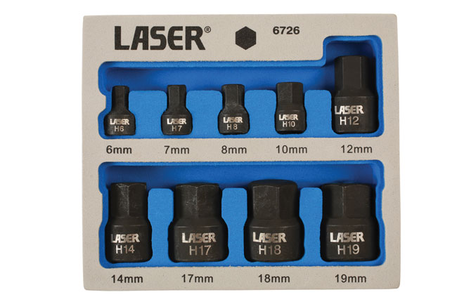 Laser Tools 6726 Low Profile Impact Hex Socket Bit Set 1/4"D, 3/8"D 9pc