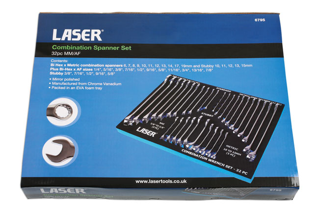 Laser Tools 6795 AF/Metric Combination Spanner Set 32pc